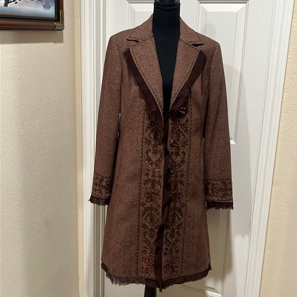 FOCUS 2000 WOOL BLEND EMBROIDERED AND BEADED TWEED BROWN WOMENS JACKET SIZE12 - Picture 5 of 11